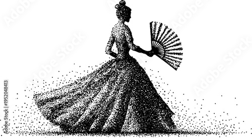 Elegant geisha silhouette with fan in stipple art style for classic design