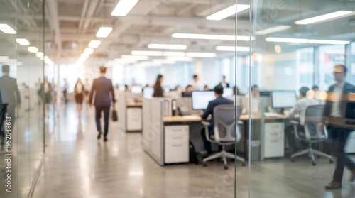 A lively and blurred modern office environment shows many employees actively working at their stations and moving through the open-plan workspace during the day.