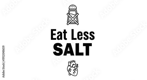 Eat less salt medical concept with crossed out salt shaker and human heart icon, healthy diet and hypertension prevention, black and white vector illustration.
