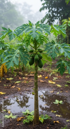 Papaya Tree with Green Fruits in a Lush Garden Setting.