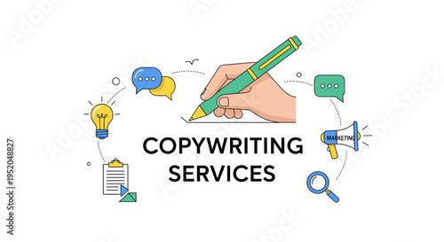 Copywriting services concept illustration with a hand holding a pen surrounded by marketing icons like lightbulb, megaphone, and speech bubbles, flat line art style.