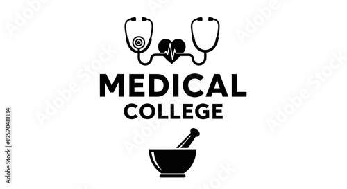 Medical college logo illustration with heartbeat stethoscope and mortar pestle icons, professional medical education emblem, black and white vector design.