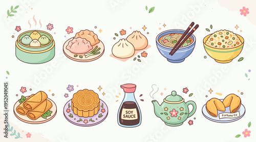 A vibrant flat lay illustration showcasing various Chinese food dishes, ingredients, and tea set, surrounded by decorative leaves and spices.