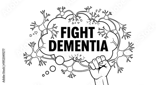 Fight Dementia concept illustration with raised fist and neuron brain cells.
