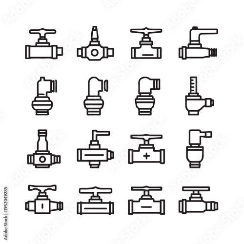 Plumbing Valve Icons Set Various Types of Fixtures Flow Control Devices Industrial Elements