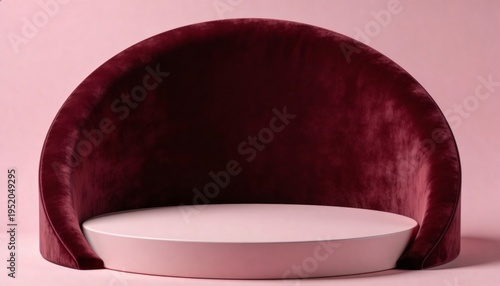 Minimalist pink circular podium with maroon velvet curved backdrop for luxury product display background