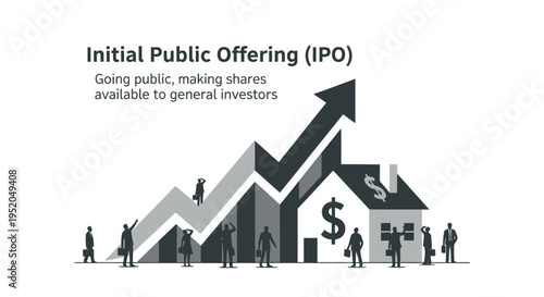 Initial Public Offering (IPO) conceptual illustration with rising arrow and business silhouettes