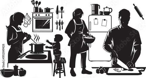 Family Cooking Together in Kitchen Silhouette Vector Illustration Graphic