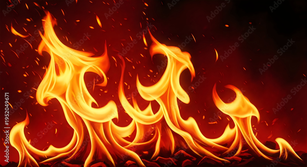 Fototapeta premium Intense bright orange fire flames erupting in dark night