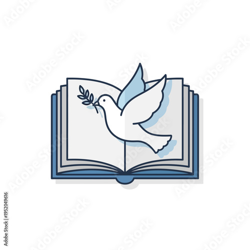Modern flat design illustration depicting a tranquil white dove carrying an olive branch ascending from an open educational book, symbolizing peace, wisdom, and new solutions
