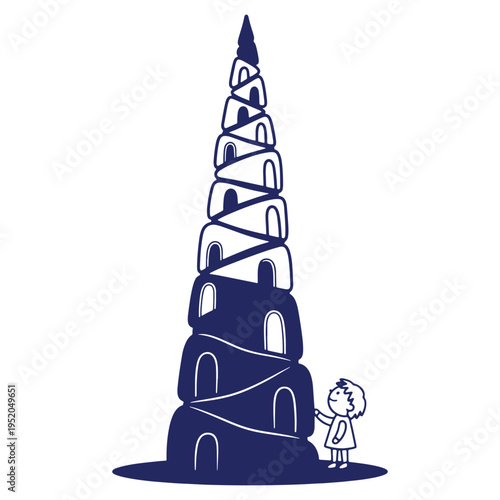 Child Reaching for a Tower of Archways Conceptualizing Ambition and Growth with Artistic Line Drawing Illustration