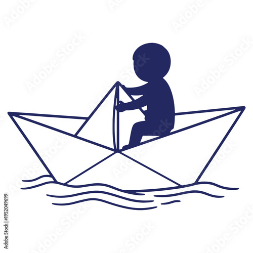Child sailing on a paper boat navigating gentle waves simple vector illustration blue color minimalist concept for childhood