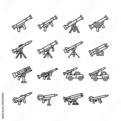 Rocket Launcher Icons Set Military Weaponry Collection Defense Technology Symbols Vector Illustration