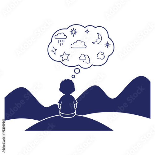 Child Silhouette Contemplates Night Sky Dreams Sitting on Hill with Mountains in Background Vector Illustration