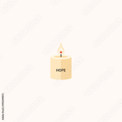 Serene flat design illustration of a burning candle, labeled 'HOPE', with a subtle star in its warm flame, symbolizing light, inspiration, and positive anticipation