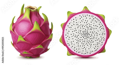 A fresh ripe dragon fruit with pink skin and white flesh isolated on a clean white background
