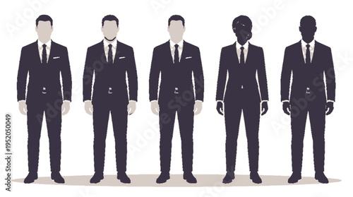 Vector illustration of five professional businessmen in suits standing in a confident team lineup on neutral background