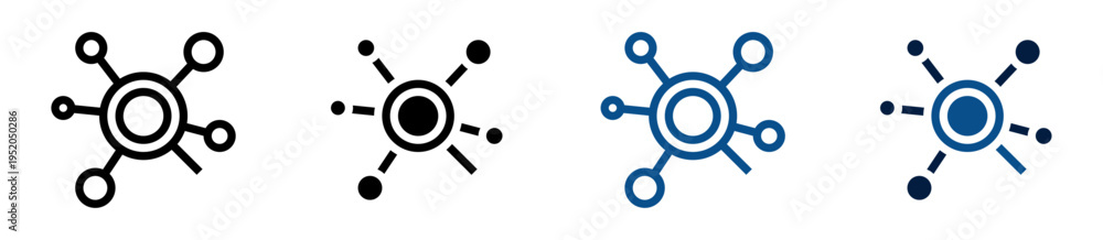 Fototapeta premium Iconos de conectividad digital. Nodo central tipo lupa conectado a múltiples nodos. Redes y comunicación digital. Ilustración vectorial
