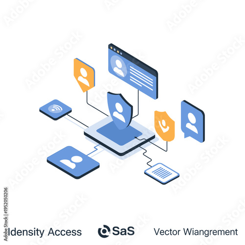 Isometric illustration of identity and access management system, showcasing secure user authentication and data protection within a network.