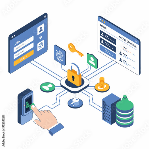 Digital security system illustrating access control, user authentication, and data protection with biometric and key-based security measures.