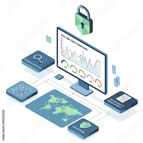 Cybersecurity dashboard displaying real-time threat monitoring, intrusion detection, vulnerability management, and global protection with a padlock icon.