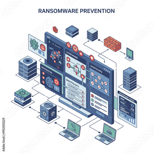 Isometric illustration of ransomware prevention strategies and cybersecurity measures protecting digital assets and networks from cyber threats.