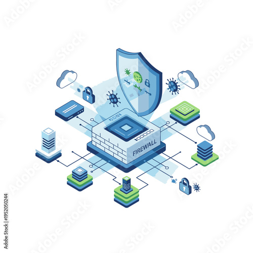Cybersecurity firewall protecting network infrastructure from viruses and threats with secure data flow and cloud integration.