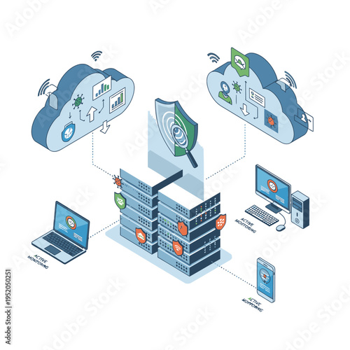 Cybersecurity illustration showing cloud servers, data centers, and endpoints protected by a shield and magnifying glass.