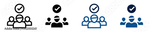 Iconos de equipo aprobado. Grupo de usuarios con visto de aprobación. Aceptación de equipo y validación colaborativa. Ilustración vectorial