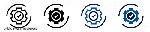 Iconos de proceso aprobado. Engranaje con visto de aprobación. Validación operativa y control de procesos. Ilustración vectorial