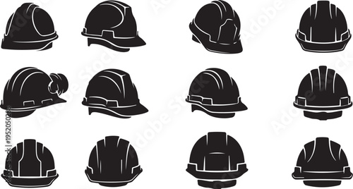 Collection of various black hard hats and safety helmets icons