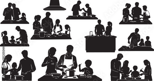 Silhouettes of parents and children in various home settings together