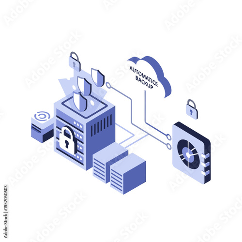 Secure data backup and cloud storage illustration with servers, locks, and shields.