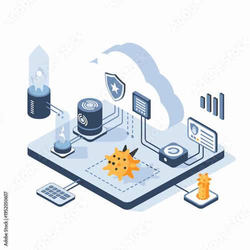 Cybersecurity concept illustrating a virus threat protected by cloud security and network infrastructure.