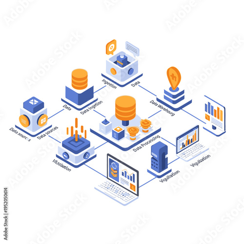 An intricate illustration depicting a comprehensive data management and analytics workflow, from source to visualization.