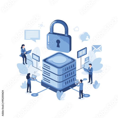 Secure data server with a large padlock symbol, surrounded by people working on laptops and abstract network connections.