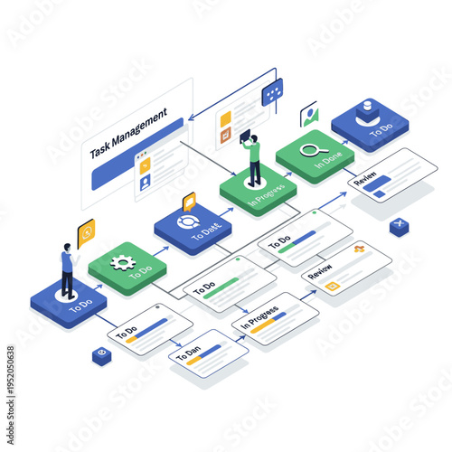 Isometric illustration depicting a task management workflow with stages like To Do, In Progress, and Review, emphasizing project organization and progress tracking.