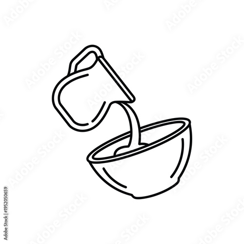 Outline drawing of milk pitcher pouring into ceramic bowl icon vector illustration isolated on white background representing dairy product service or cooking ingredient preparation line art style