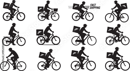 Silhouette of a delivery man riding a bicycle with a box