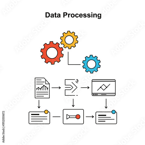 Illustration of the data processing workflow, showing input, transformation, and output stages with gears symbolizing operations.