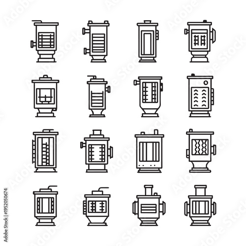 Set of Line Art Icons Representing Various Heating Stoves and Boilers