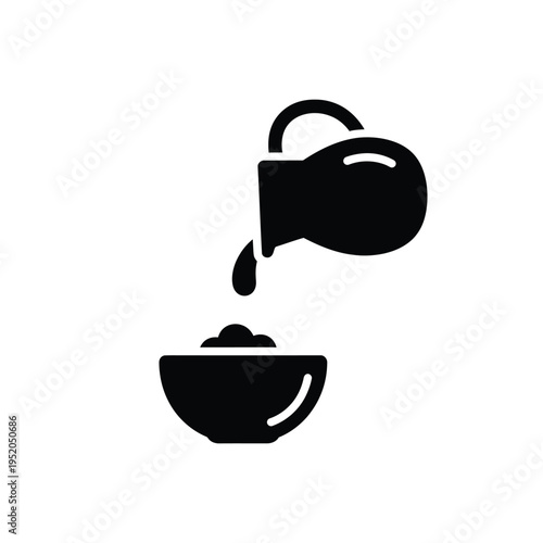 Small black jug pouring liquid into bowl icon vector illustration isolated on white background showing kitchen preparation for dairy products or cooking oil in minimalist silhouette style graphics