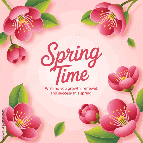 Springtime flowers with green leaves on pink background with springtime text