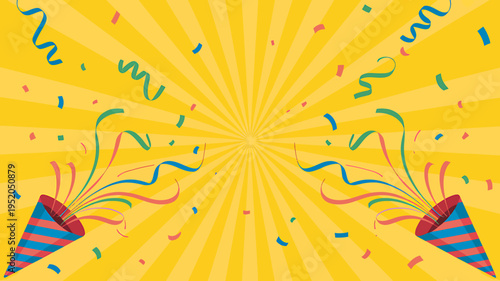 Colorful party hats with ribbons and confetti on yellow background with sunburst pattern