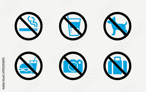 No smoking eating drinking dogs pets photography luggage icons signs