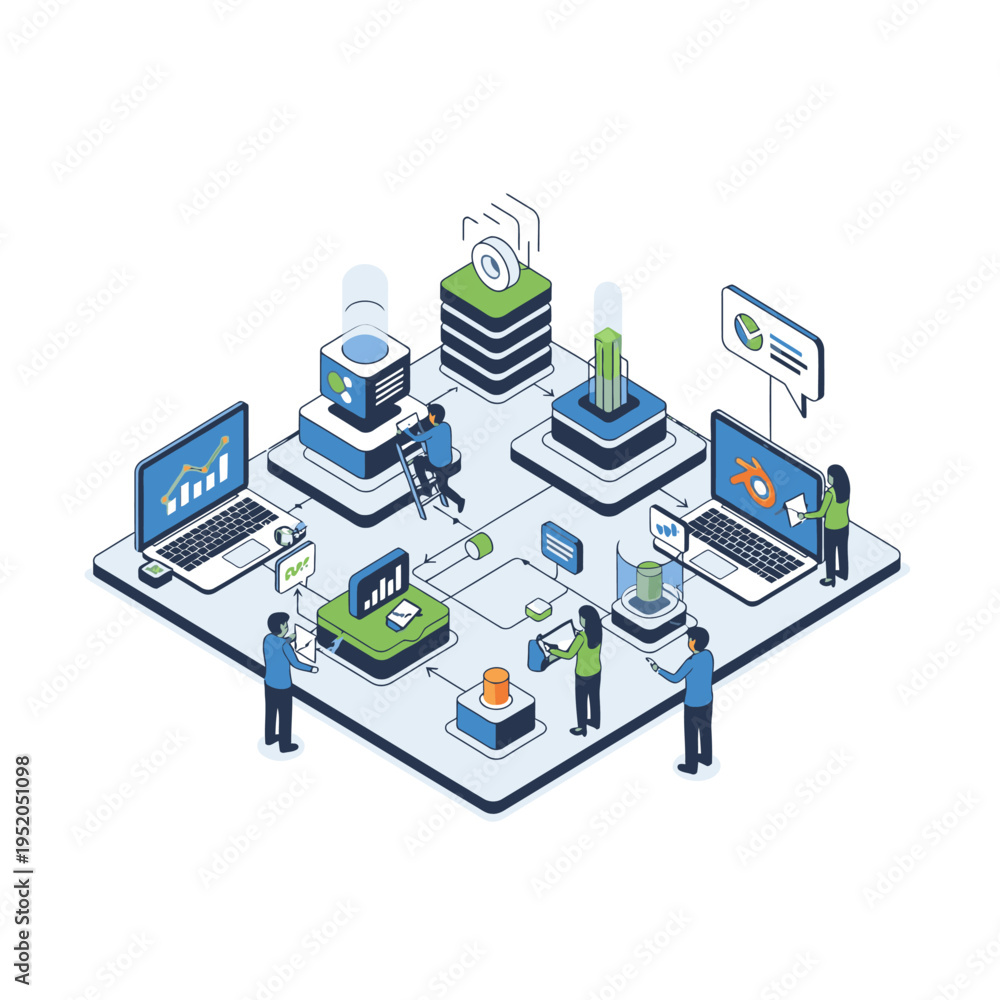 Fototapeta premium Isometric illustration of a team collaborating on a complex data analytics and financial technology system, showcasing interconnected devices and digital processes.