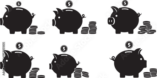 Black piggy banks with coins and money stacks illustration