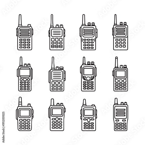 Set of twelve diverse walkie-talkie icons communication devices linear style