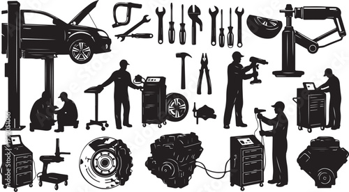 Black and white car repair shop silhouettes with tools and mechanics