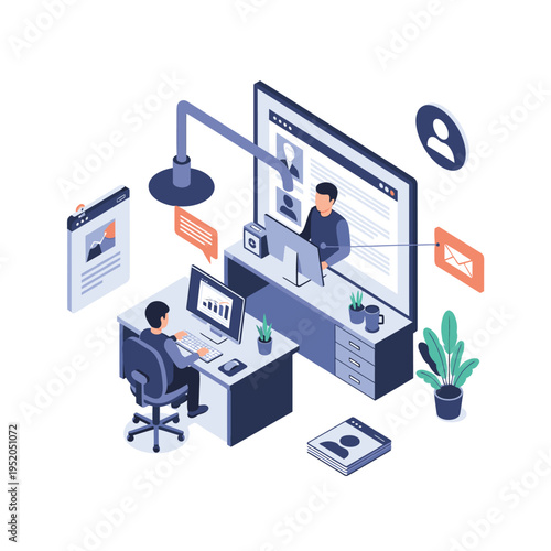 Isometric illustration of a person working remotely at a desk with a computer, connected to a larger screen displaying a colleague, symbolizing online collaboration and digital workspace.